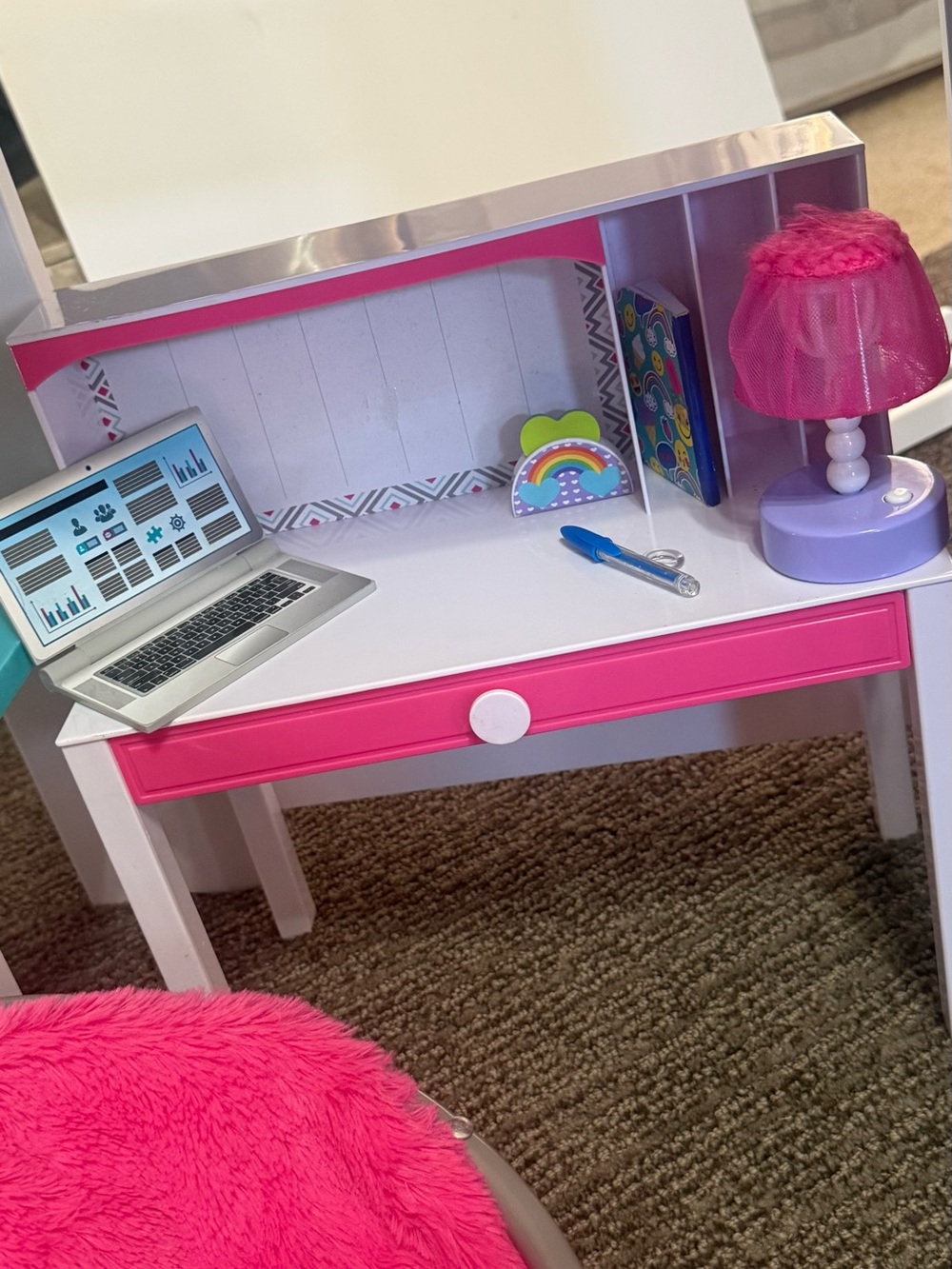 My Life As White Pink & Blue Loft Bed with Pink Fuzzy Papasan Chair Desk - Picture 3 of 14